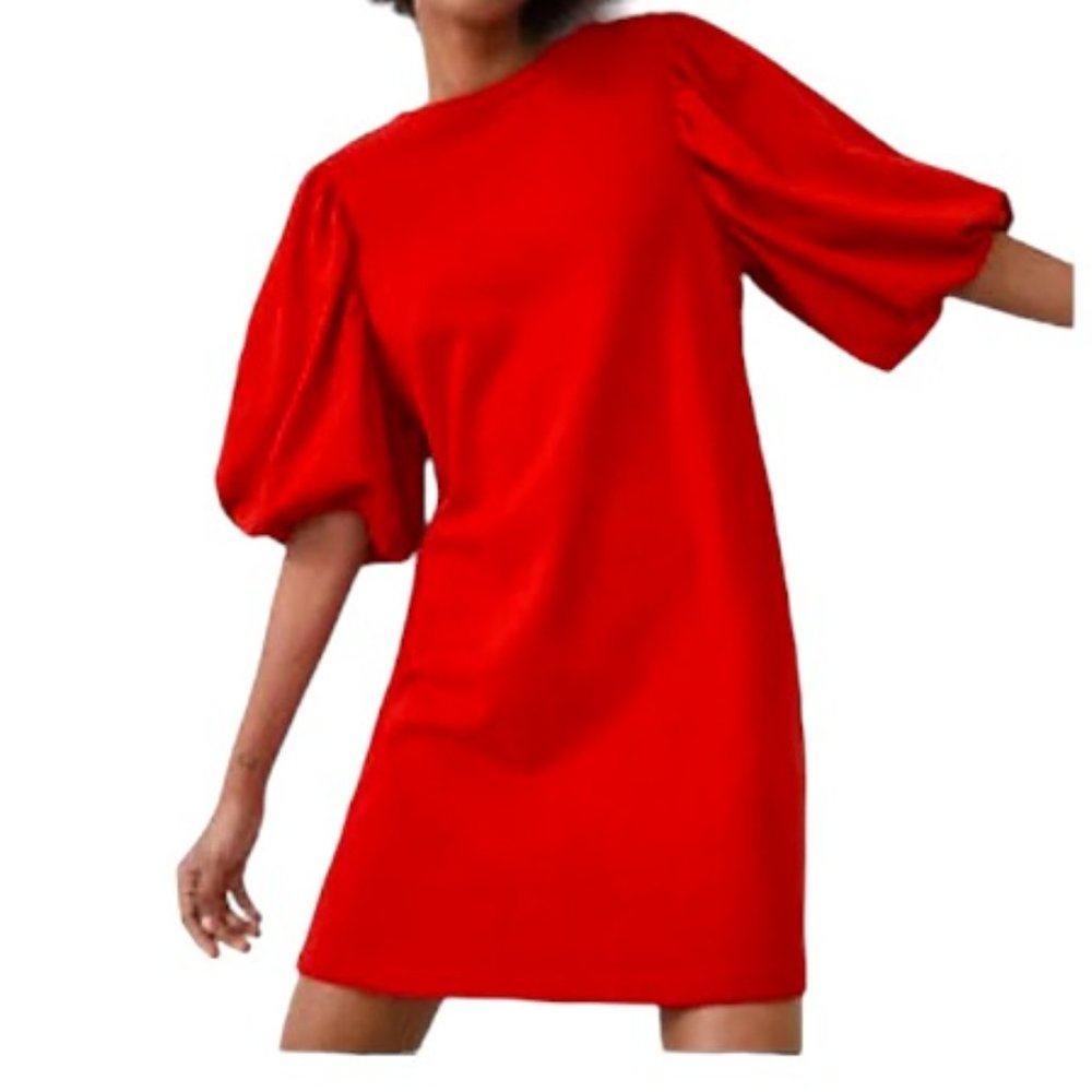 New Zara Red Cotton Short Dress Balloon Sleeves - Picture 2 of 7